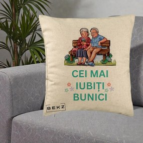 Cadou pentru Bunici - Perna Personalizata Cei Mai Iubiti Bunici Cuplu pe Banca Ilustratie, 40x40 cm, Bej, Husa Detasabila, Perna Inclusa, BEKZ®