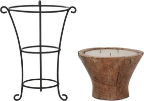 Lumânare decorativă din lemn masiv cu suport din fier forjat negru, 3 fitile, 45×45×65 cm, pentru terasă și exterior, „Chalice"