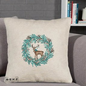 Perna Decorativa Coroana Turcoaz cu Ren, 40x40 cm, Bej Canapea, Husa Detasabila, Perna Inclusa, BEKZ®
