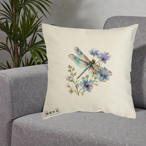 Perna Decorativa Libelula Acuarela Flori Albastre, 40x40 cm, Ecru, Husa Detasabila, Perna Inclusa, BEKZ®