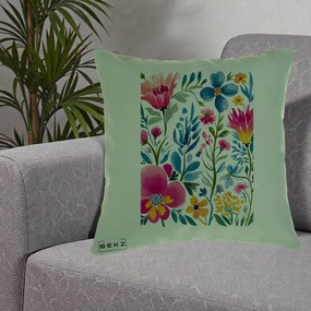 Perna Decorativa Gradina Florala Acuarela Colorata, 40x40 cm, Verde, Husa Detasabila, Perna Inclusa, BEKZ®