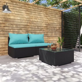3101401 vidaXL Set mobilier de grădină cu perne, 3 piese, negru, poliratan