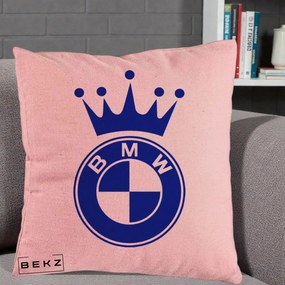 Perna Personalizata cu emblema BMW si Coroana, 40x40 cm, Roz, Husa Detasabila, Perna Inclusa, BEKZ®