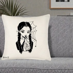 Perna Personalizata Wednesday cu Panza de Paianjen, 40x40 cm, Crem Reliefat, Husa Detasabila, Perna Inclusa, BEKZ®