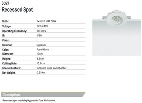Spot incastrabil tavan Gypsum alb