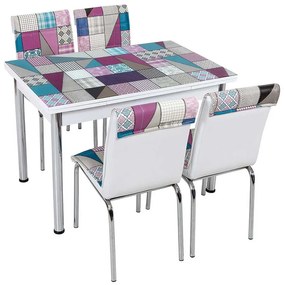 SET MASA EXTENSIBILA CU 4 SCAUNE, MULTICOLOR, MODEL PATCHWORK, CADRU METALIC, SEZUT TAPITAT CB026