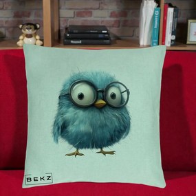 Perna Decorativa Pui Pufos Teal cu Ochelari, 40x40 cm, Verde Menta, Husa Detasabila, Perna Inclusa, BEKZ®