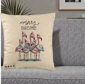 Perna Decorativa Flamingo Merry Christmas, 40x40 cm, Bej, Husa Detasabila, Perna Inclusa, BEKZ®