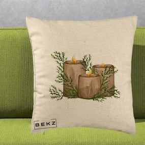 Perna Decorativa Lumanari Rustice cu Crengute Brad, 40x40 cm, Bej, Husa Detasabila, Perna Inclusa, BEKZ®