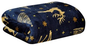 Patura din microplus de Craciun albastru inchis GOLDEN DEER Dimensiune: 200 x 220 cm