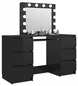 SEN18 - Set Masa toaleta, 140 cm, cosmetica machiaj, masuta vanity, oglinda cu LED-uri - Negru / Alb / Alb Lucios / Sonoma