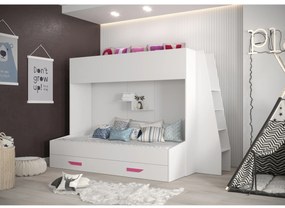 Pat pentru copii combinat 90 cm Puro 17 (alb mat + alb lucios + mânere roz). 1087118