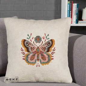 Perna Decorativa Fluture Boho Floral, 40x40 cm, Bej Canapea, Husa Detasabila, Perna Inclusa, BEKZ®