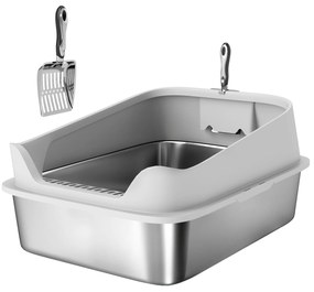 PawHut Arenero pentru Pisici din Oțel Inoxidabil XXL cu Margini Înalte Lopată Ușor de Curățat Test de Scurgeri 70x50x30 cm Gri | Aosom Romania