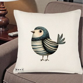Perna Decorativa Pasare Teal Decorativa Dungata, 40x40 cm, Crem Reliefat, Husa Detasabila, Perna Inclusa, BEKZ®