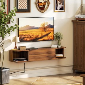 HOMCOM Suport TV suspendat până la 50" cu prize de curent, USB și tip C, sertar și rafturi, 120x24x22.4 cm, Nuc | Aosom Romania