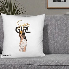 Perna Decorativa Super Girl Aesthetic, 40x40 cm, Alb Pufos, Husa Detasabila, Perna Inclusa, BEKZ®