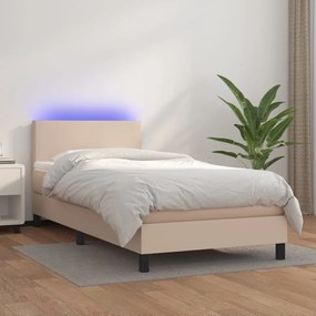 3134080 vidaXL Pat cu arcuri, cu saltea și LED cappuccino 90x190 cm, piele eco