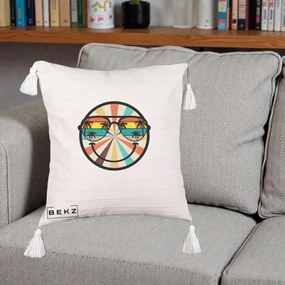 Perna Decorativa Smiley Face Retro Sunset Palmieri, 40x40 cm, Bej cu Franjuri, Husa Detasabila, Perna Inclusa, BEKZ®