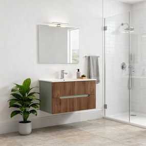 Trent Mobilier de baie 80 cm lavoar ceramic (2 sertare) cu oglindă 60x80 cm stejar verde-oliv-sunset