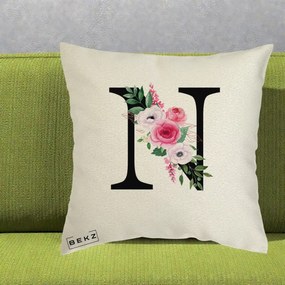 Cadou Personalizat - Perna Personalizata Monograma Florala Litera N, 40x40 cm, Ecru, Husa Detasabila, Perna Inclusa, BEKZ®