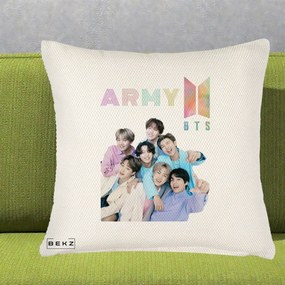 Perna Personalizata K-pop BTS ARMY Fotografie Grup Veseli, 40x40 cm, Crem Reliefat, Husa Detasabila, Perna Inclusa, BEKZ®