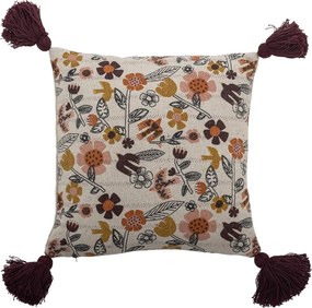 Pernă decorativă din bumbac, multicolor, cu model floral imprimat și ciucuri în colțuri, 45x45 cm, „Vivielle"