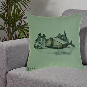 Perna Decorativa Cabana de Iarna in Padure, 40x40 cm, Verde, Husa Detasabila, Perna Inclusa, BEKZ®