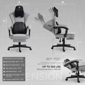 ErgoRelax Pro JD– Scaun Gaming Ergonomic, Masaj Lombar si Incalzire, Spătar Rabatabil 155°, Suport picioare, PU, Gri