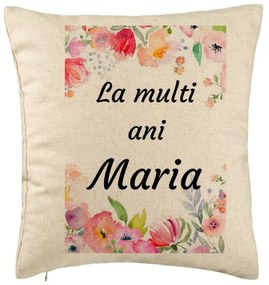 Perna Decorativa, Model La multi ani Maria 2, 40x40 cm, Bej, Husa Detasabila, Burduf