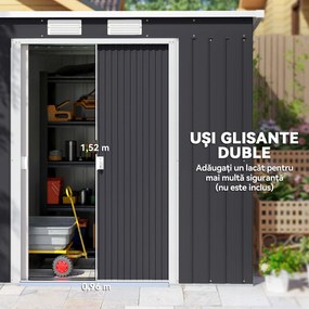 Outsunny Adăpost de Grădină Metalic în Alipire cu Kit de Fundație, Ușă Dublă, Ventilații și Acoperiș Înclinat, Gri | Aosom Romania
