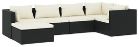 Set mobilier de gradina cu perne, 6 piese, negru, poliratan negru si crem, 3x colt + 2x mijloc + suport pentru picioare, 1