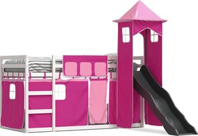 vidaXL Pat supraetajat cu tobogan și perdele, roz, 90x200 cm