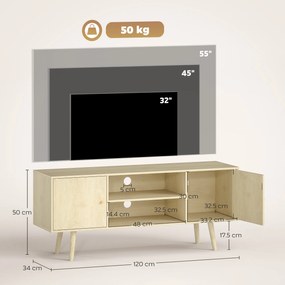 HOMCOM Comodă TV mobilier TV pentru televizor de până la 140 cm 2 dulapuri și 2 rafturi deschise 120x34x50cm efect lemn natural | Aosom Romania
