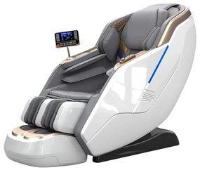 Fotoliu de masaj HONORIUS, Incalzire, Bluetooth, Display, Ecran tactil, Controler rapid cotiera, Zero Gravity, 2 Boxe, Moduri Automate, Suport Picioare extensibil, Piele Ecologica Premium, Alb/Gri