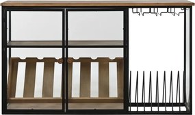 Bar din metal negru și lemn masiv, rafturi pentru sticle, suport pentru pahare cu picior și oglinzi pe fundal, finisaj vopsit, 60 x 102 x 32 cm,