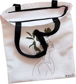 Sacosa de Panza pentru Cumparaturi, Geanta Tote, Flower Lady 10, Cu fermoar, 38x34.5 cm, Alba, BEKZ®