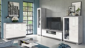 Mazzoni Mobilier perete SIMPLE Beton Millennium/Alb Luciu - COMODĂ MARE TV VITRINĂ DOUĂ COMODE PENTRU LIVING