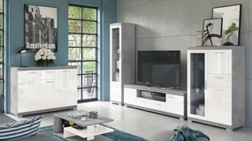Mazzoni Mobilier perete SIMPLE Beton Millennium/Alb Luciu - COMODĂ MARE TV VITRINĂ DOUĂ COMODE PENTRU LIVING