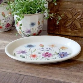 Tavă pentru ghiveci din ceramică cu flori de câmp, crem, H2,5/L25 cm, „Fleurville”