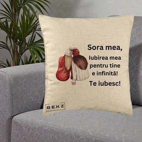 Cadou pentru Sora - Perna Personalizata Sora Mea Te Iubesc Doua Fete Iarna Acuarela, 40x40 cm, Bej, Husa Detasabila, Perna Inclusa, BEKZ®