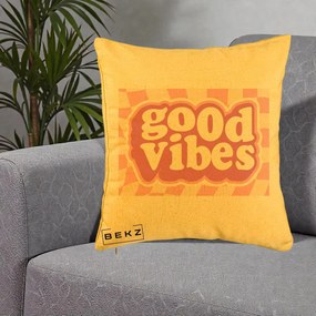 Perna Decorativa Good Vibes Retro Roz, 40x40 cm, Galben, Husa Detasabila, Perna Inclusa, BEKZ®