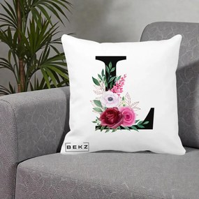 Cadou Personalizat - Perna Personalizata Monograma Florala Litera L, 40x40 cm, Alba Mata, Husa Detasabila, Perna Inclusa, BEKZ®