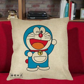 Perna Personalizata Doraemon Salutand, 40x40 cm, Crem, Husa Detasabila, Perna Inclusa, BEKZ®