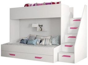 Pat pentru copii combinat 90 cm Puro 16 (alb mat + alb lucios + mânere roz). 1087109