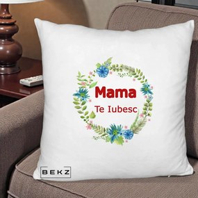 Cadou pentru Mama - Perna Personalizata Mama Te Iubesc Flori Albastre, 40x40 cm, Alb Pufos, Husa Detasabila, Perna Inclusa, BEKZ®
