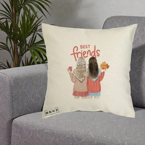 Cadou pentru Prieteni - Perna Personalizata Best Friends Toamna, 40x40 cm, Ecru, Husa Detasabila, Perna Inclusa, BEKZ®