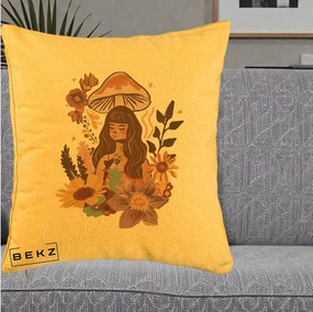 Perna Decorativa Fata Ciuperca Boho Florala, 40x40 cm, Galben, Husa Detasabila, Perna Inclusa, BEKZ®