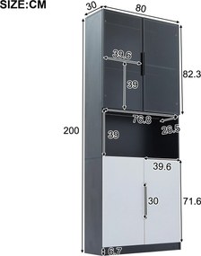 Vitrină modernă minimalistă cu uși din sticlă, lumini LED, 80x30x200 cm, Alb + Negru