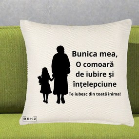 Cadou pentru Bunica - Perna Personalizata Bunica Mea Comoara Iubire Intelepciune Silueta, 40x40 cm, Crem Reliefat, Husa Detasabila, Perna Inclusa, BEKZ®